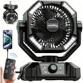 Portable Camping Fan with 20000mAh Battery 4 LED Lights 8 Speed Settings Rechargeable Outdoor Tent Fan with Hook Quiet USB Fan for Camping Hiking (Color: Green)